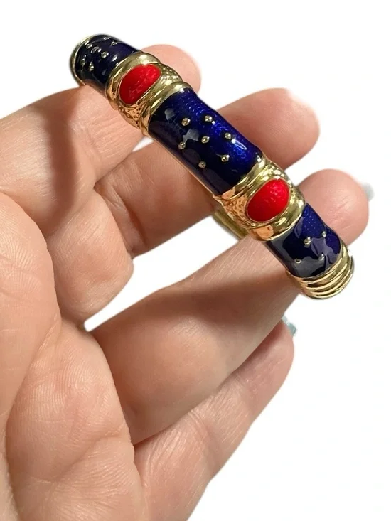 Vintage Gold-Tone Navy and Red Cloisonne Hinged Clamper Bangle Bracelet - Picture 2 of 4